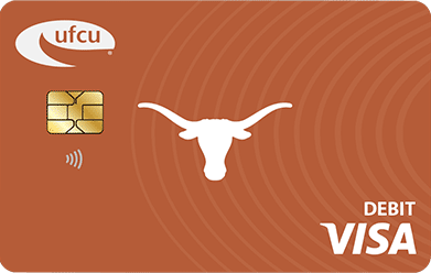 Burnt orange debit card with a Longhorn logo in the middle.