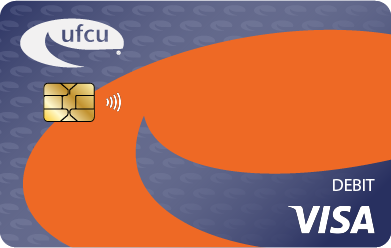 Blue and orange debit card with the UFCU logo on it.